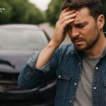 Caucasian man with short brown hair standing outside his crashed car, visibly distraught after an accident.