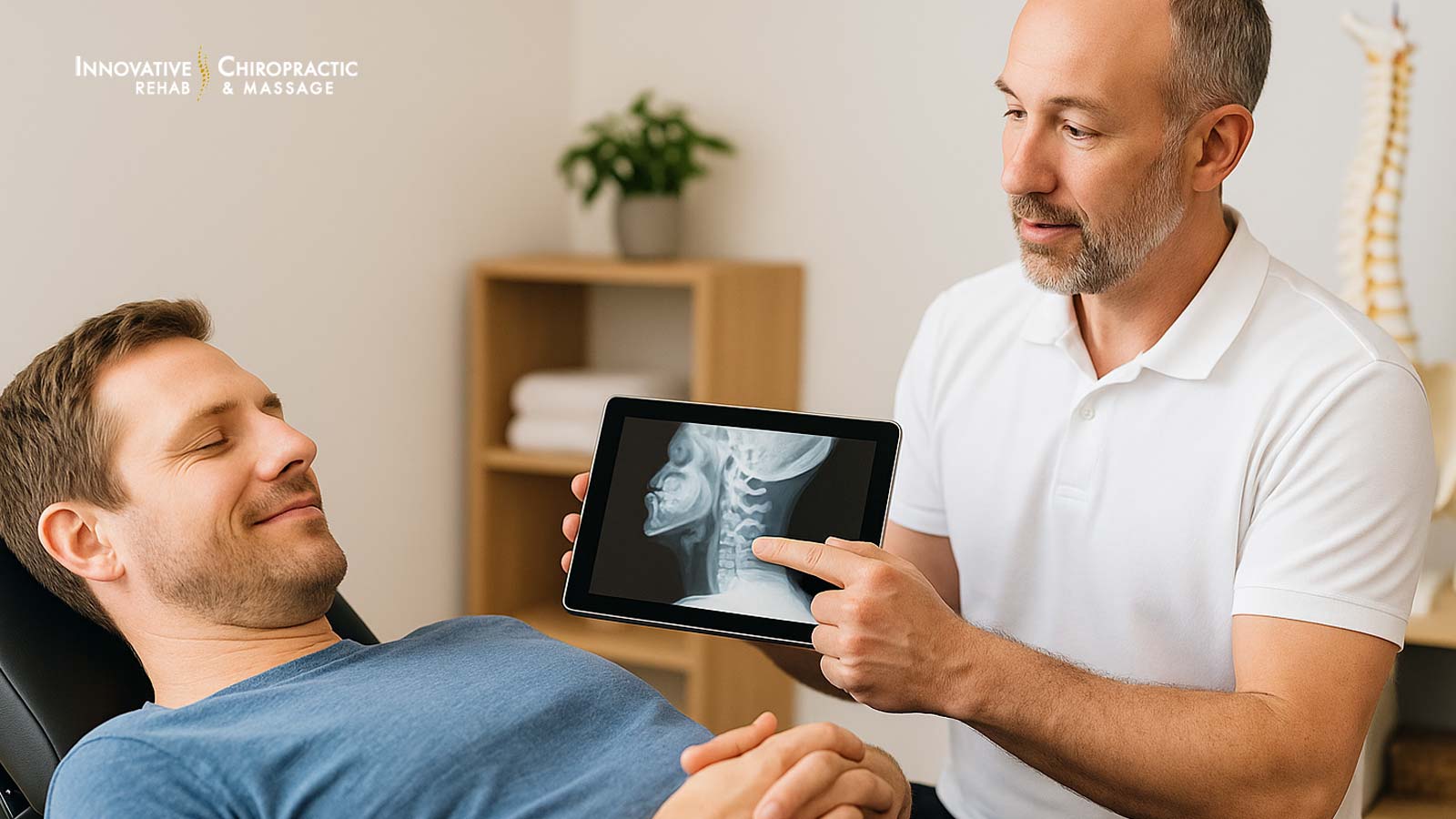 Caucasian man lying relaxed on a chiropractic treatment table while a chiropractor explains X-ray images on a tablet.