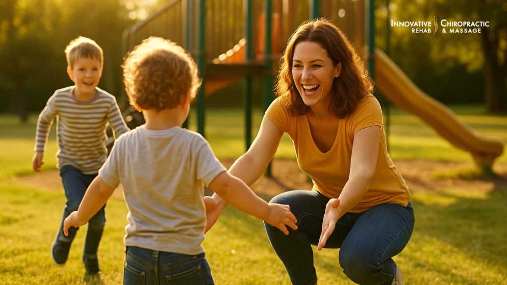 Vibrant wellness lifestyle—mom and kids enjoying physical activity and sunshine together.